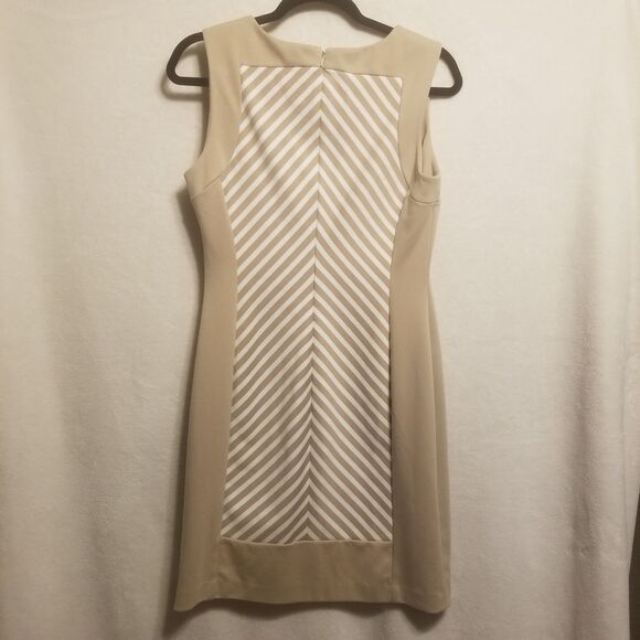 Calvin Klein 10 Dress Knee Length Sleeveless Striped Sheath Beige & White Career - Picture 7 of 8